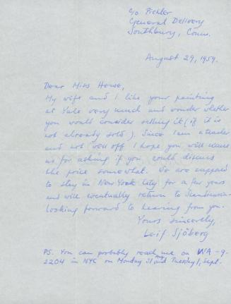 Letter from Leif Sjoberg to Eva Hesse