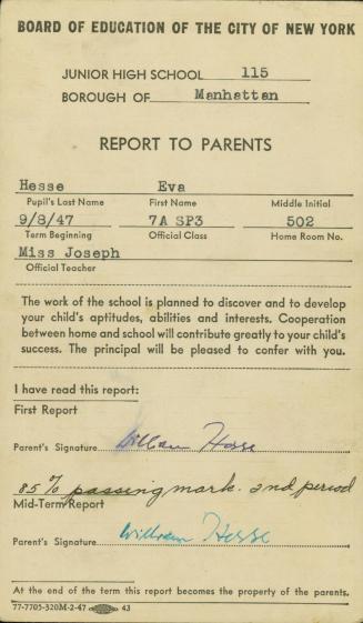Junior High School Report Card: Term September 1947