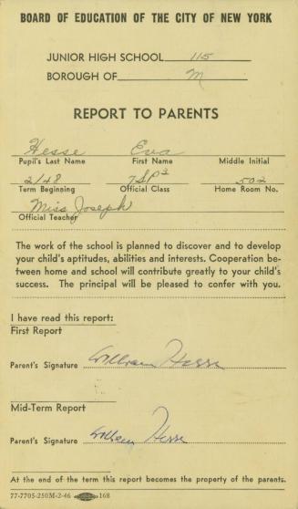 Junior High School Report Card: February 1948