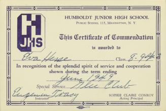 Humboldt Junior High School Certificate of Commendation