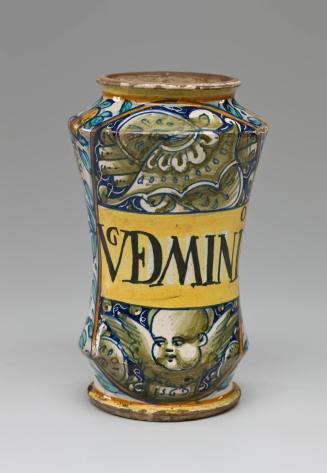 Maiolica Apothecary Jar with Floral Decoration and Medallion of a Cherub and Trophies